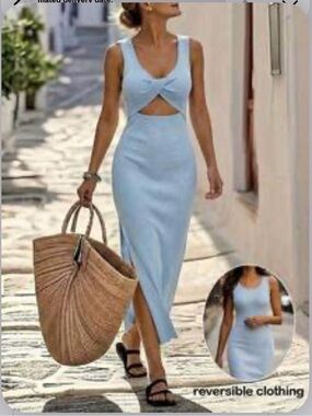 Sleeveless Light Blue Cutout Midi Dress